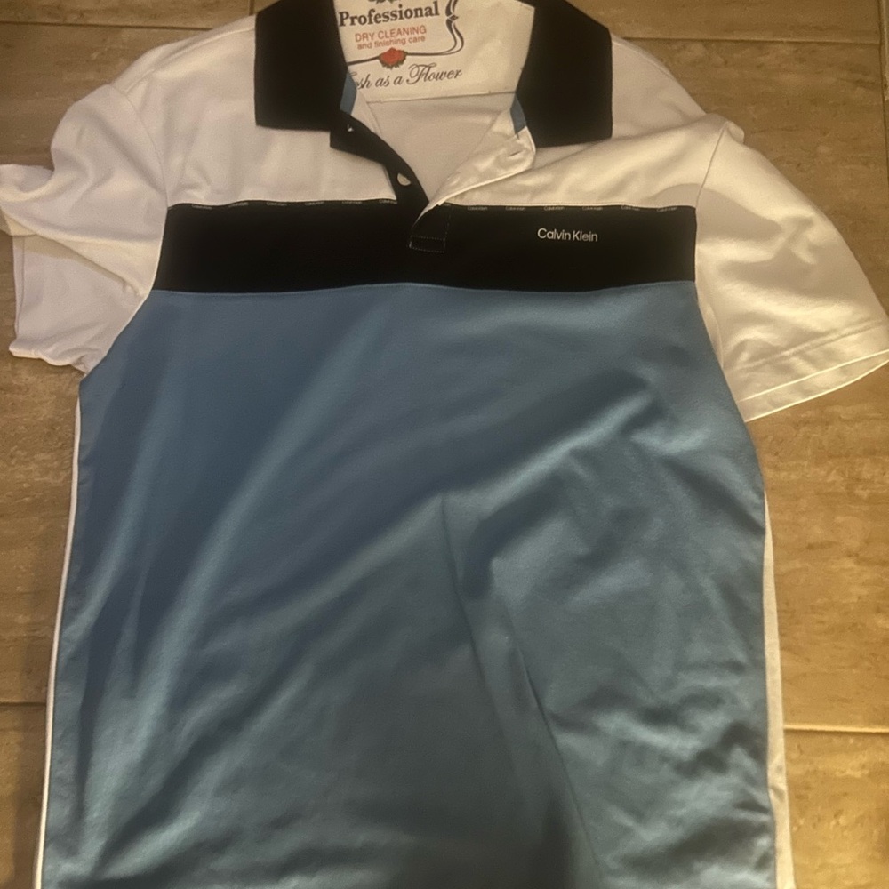 Calvin Klein Men's Black, White, and Blue Polo Shirt